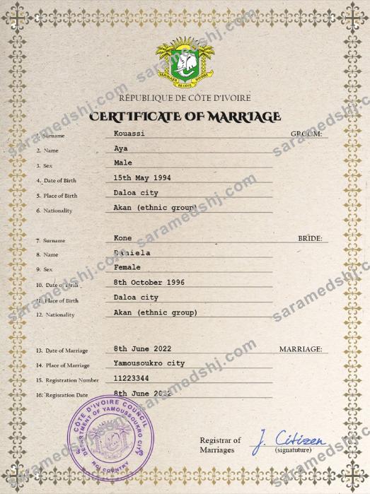 Côte d’Ivoire marriage certificate PSD template